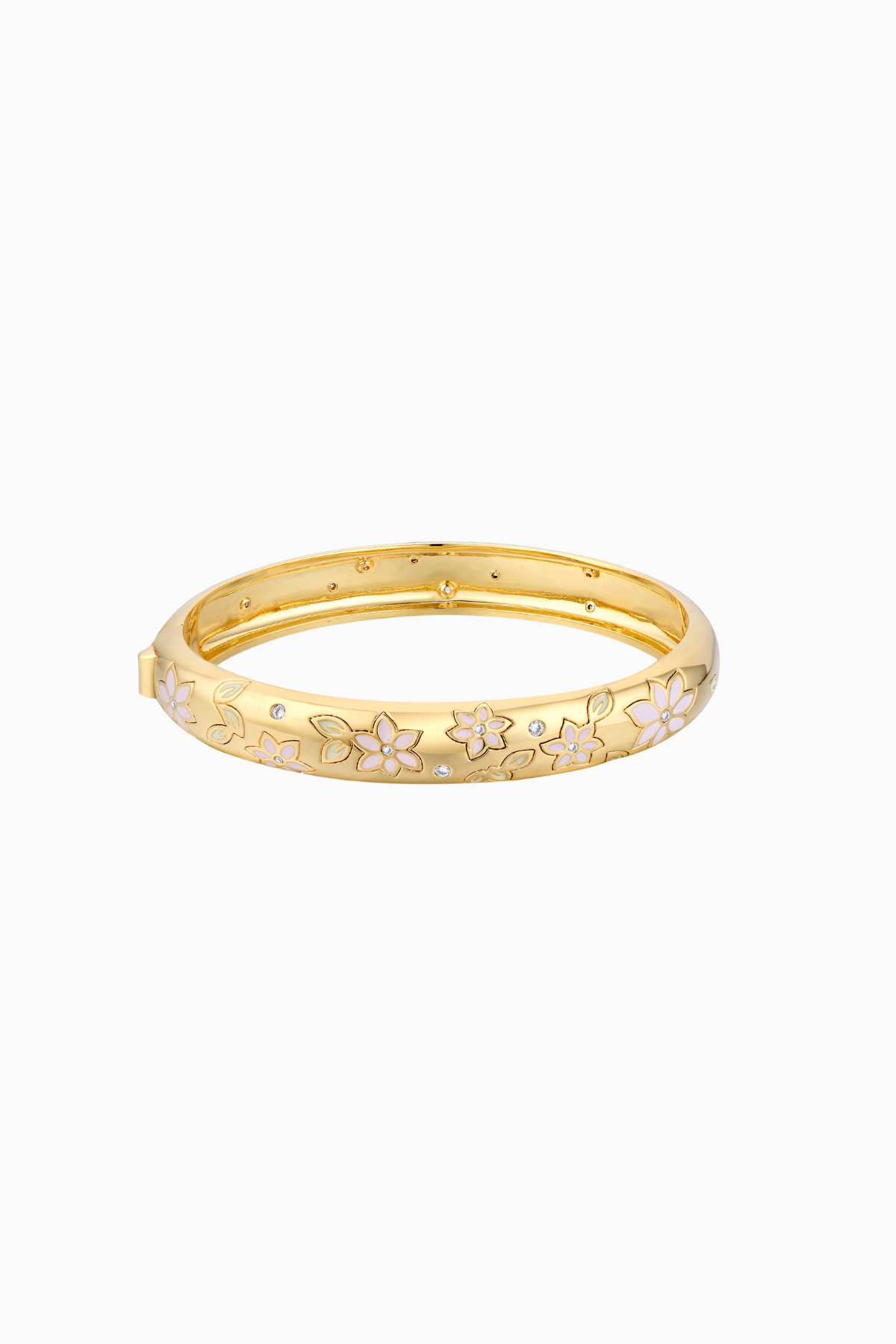 A gold plated bangle bracelet with blush pink and mint hand-painted enamel flowers and embedded Austrian crystals, with a hinged design.