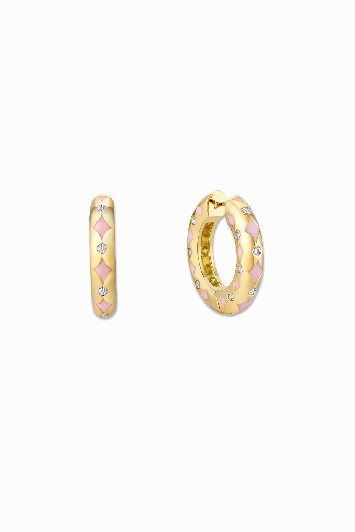A pair of romantic blush pink enamel hoop earrings with sparkling crystals, and 18K gold plating.