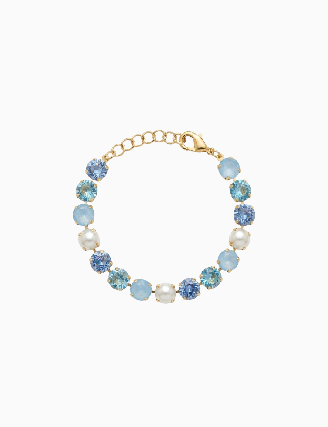 Bracelet with blue and gold beads on a white background