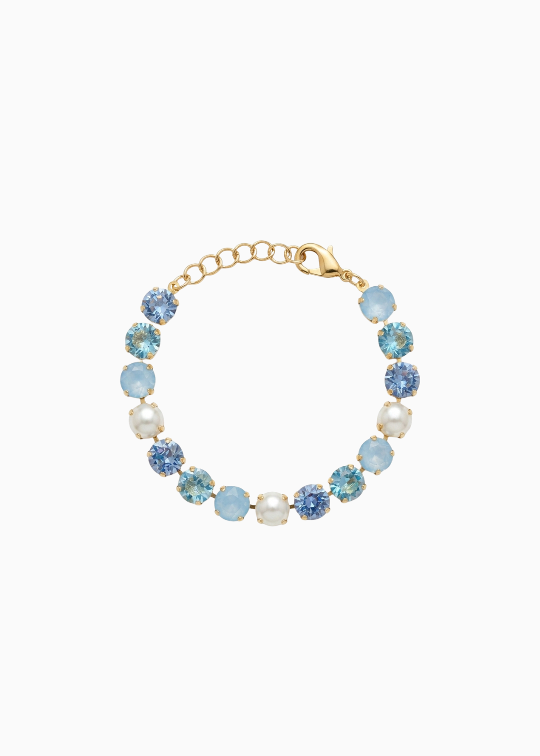 Bracelet with blue and gold beads on a white background