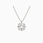 Silver necklace with a floral pendant on a white background