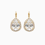 Pair of gold earrings with large clear gemstones on a white background