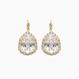 Pair of gold earrings with large clear gemstones on a white background