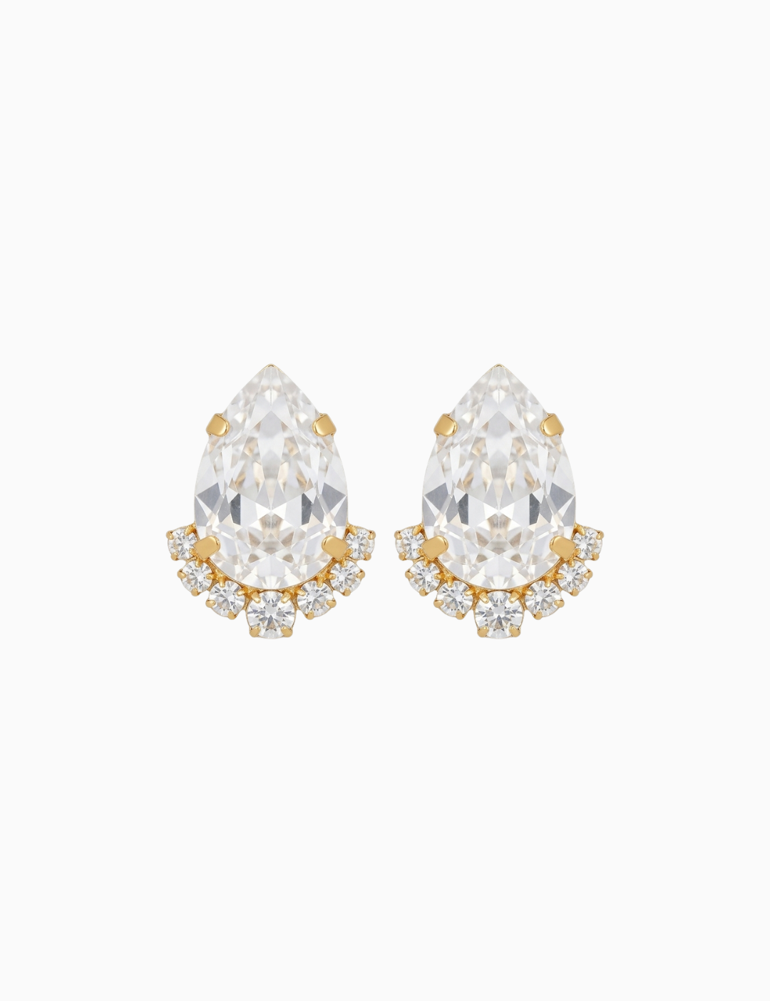 Teardrop-shaped earrings with clear gemstones and gold accents on a white background