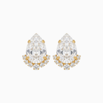 Teardrop-shaped earrings with clear gemstones and gold accents on a white background