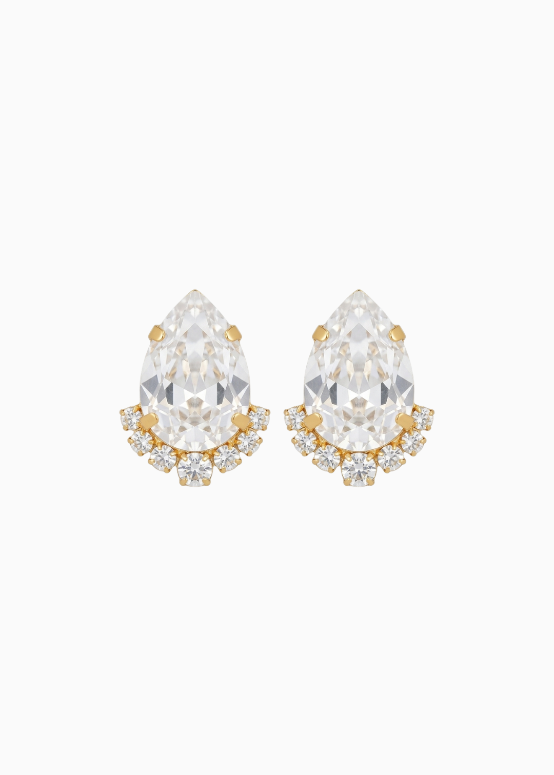 Teardrop-shaped earrings with clear gemstones and gold accents on a white background