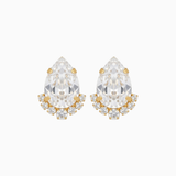 Teardrop-shaped earrings with clear gemstones and gold accents on a white background