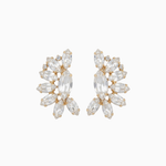 Pair of gold and crystal earrings on a white background
