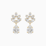 Pair of gold and clear crystal earrings on a white background