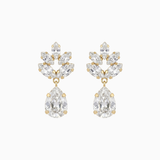 Pair of gold and clear crystal earrings on a white background