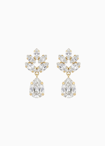 Pair of gold and clear crystal earrings on a white background