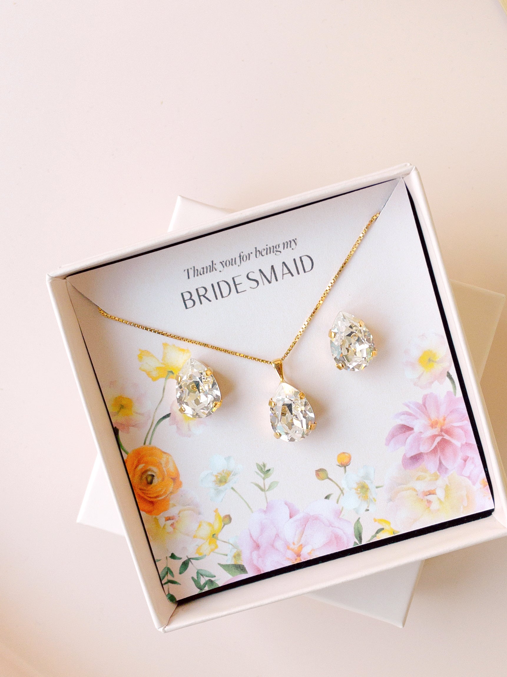 Jewelry set with 'Thank you for being my Bridesmaid' card in a decorative box.