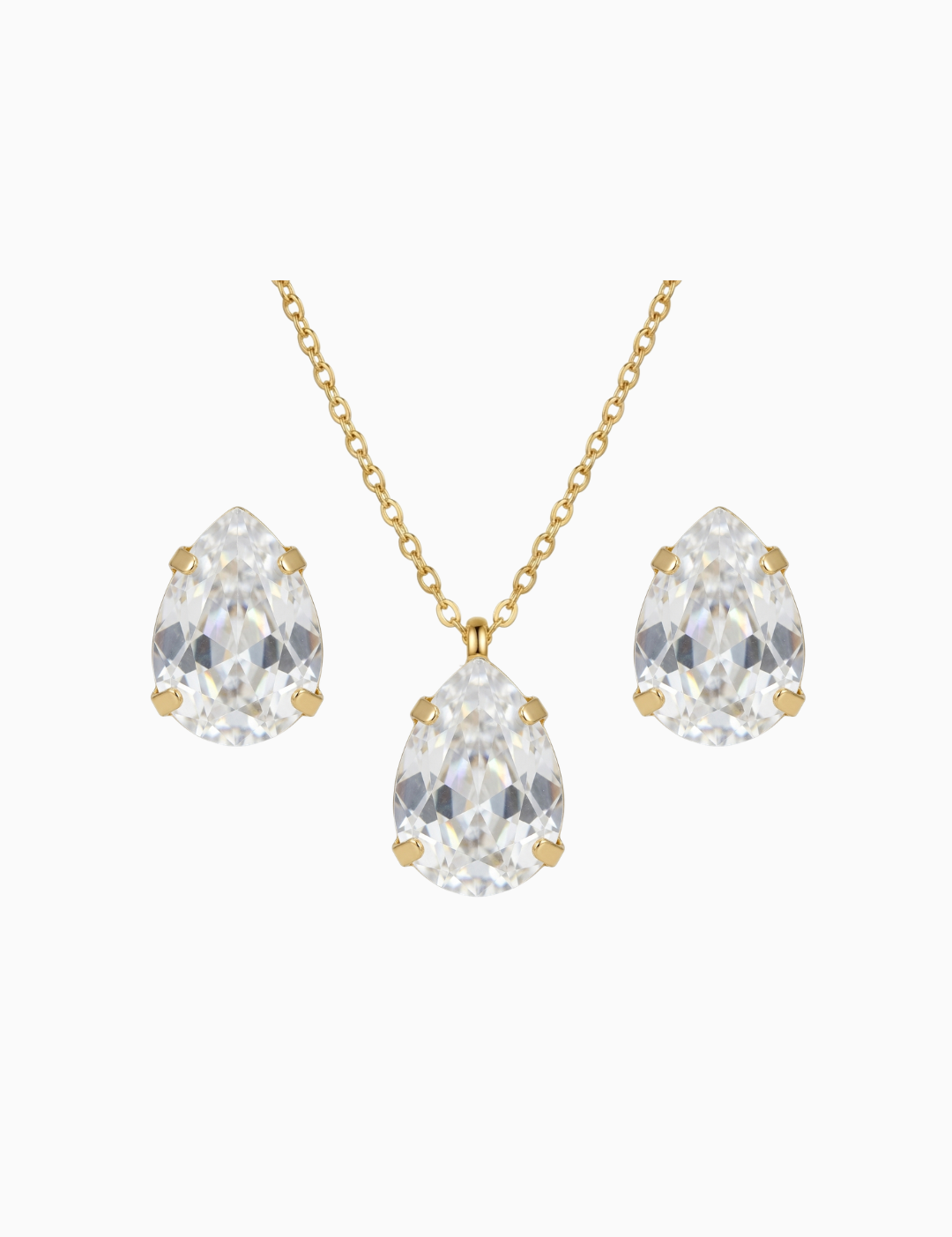 Gold necklace with teardrop-shaped clear stones on a white background