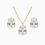 Gold necklace with teardrop-shaped clear stones on a white background