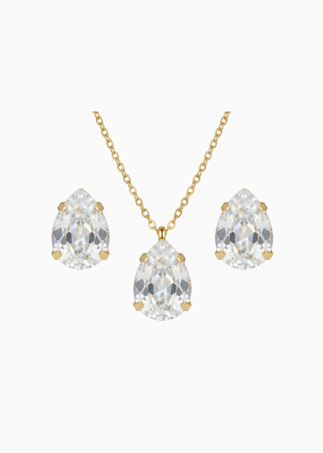 Gold necklace with teardrop-shaped clear stones on a white background