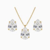 Gold necklace with teardrop-shaped clear stones on a white background
