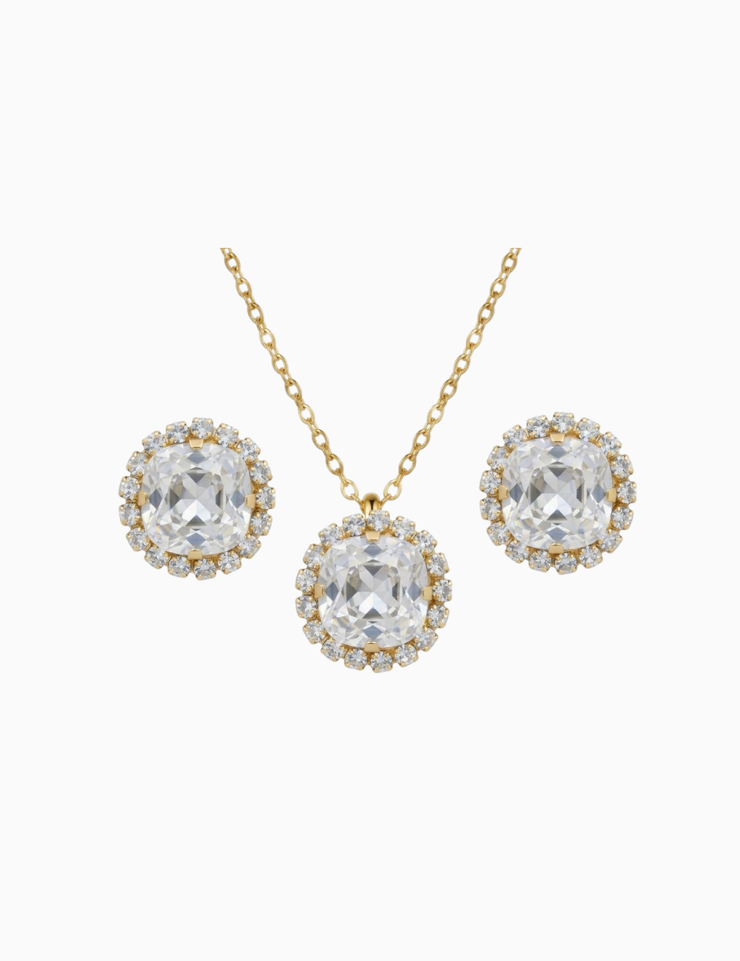 Jewelry set with gold necklace and earrings on a white background