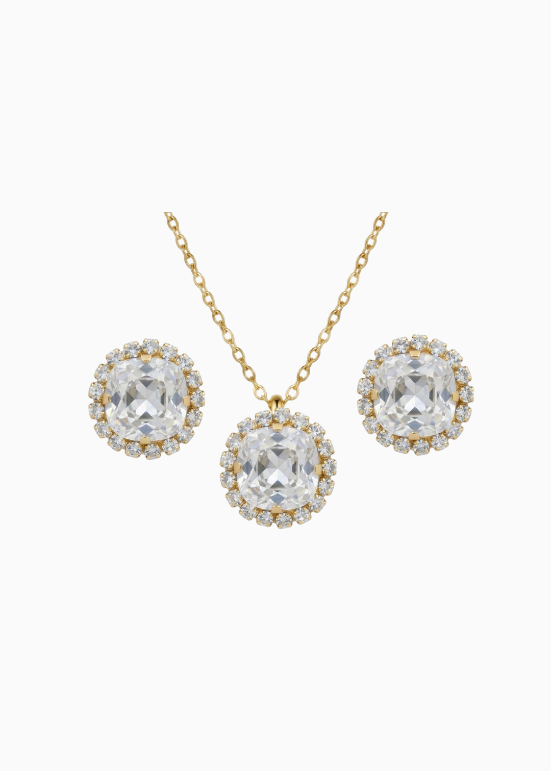 Jewelry set with gold necklace and earrings on a white background