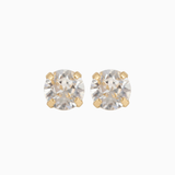 Pair of gold stud earrings with clear gemstones on a white background