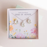 A gift set for a maid of honor consisting of teardrop-shaped crystal studs and a matching pendant necklace, Gift for Bridesmaids and Bridal Party
