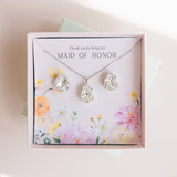 A gift set for a maid of honor consisting of teardrop-shaped crystal studs and a matching pendant necklace, Gift for Bridesmaids and Bridal Party