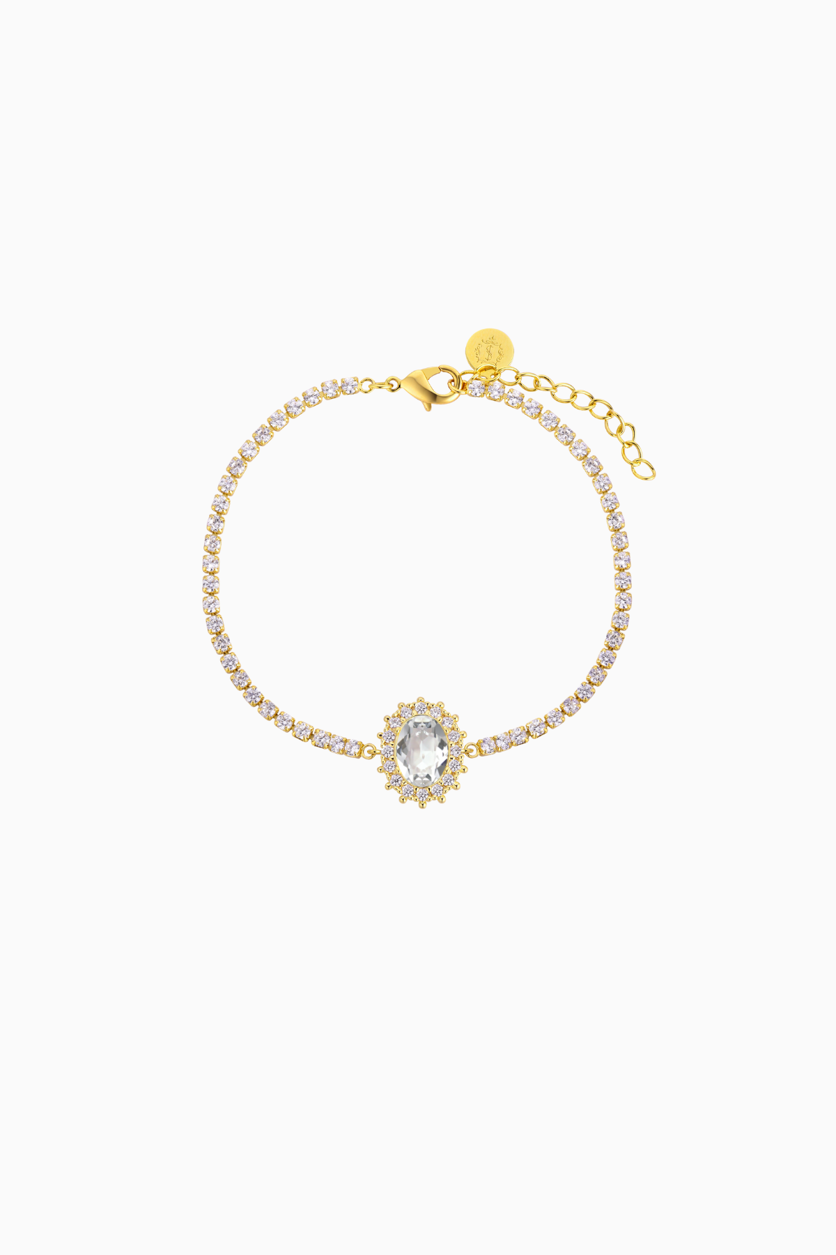 A gold-plated bracelet featuring a central oval crystal surrounded by smaller shimmering crystals, with a extender chain.