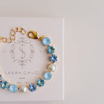 Gold plated bridal bracelet with blue crystals and pearls something blue for wedding