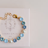 Gold plated bridal bracelet with blue crystals and pearls something blue for wedding