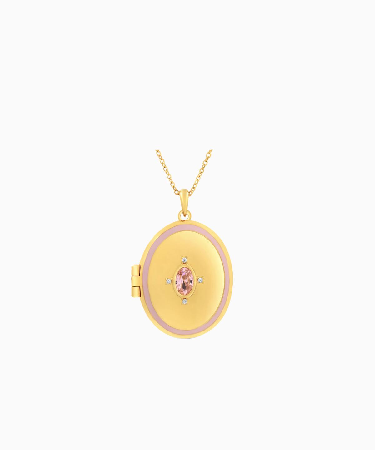 An oval-shaped gold-plated  photo locket  featuring a pink cubic zirconia crystal, attached to a gold-plated chain.