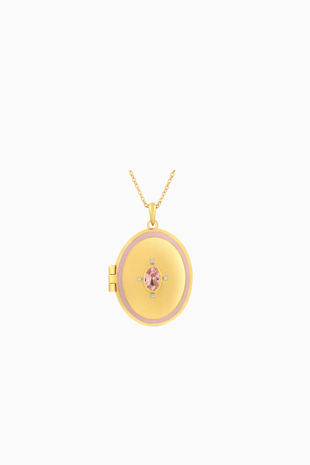 An oval-shaped gold-plated  photo locket  featuring a pink cubic zirconia crystal, attached to a gold-plated chain.