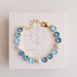 Gold plated bridal bracelet with blue crystals and pearls something blue for wedding