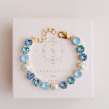 Gold plated bridal bracelet with blue crystals and pearls something blue for wedding