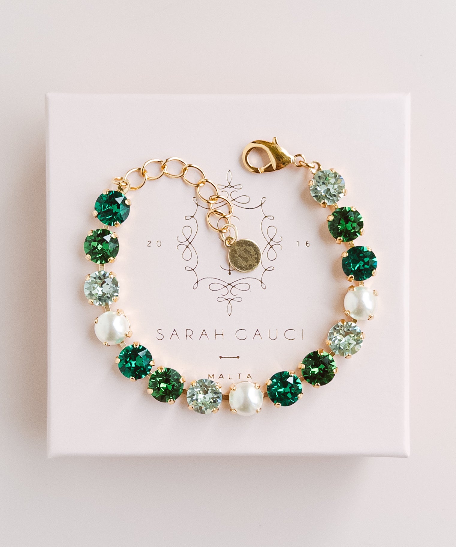 Jewelry Malta, Pearl Bracelet, Green Crystal Bracelet, Pearl Jewelry, Gold Plated Jewelry, Emerald inspired bracelet, wicked jewelry, Emerald Bracelet