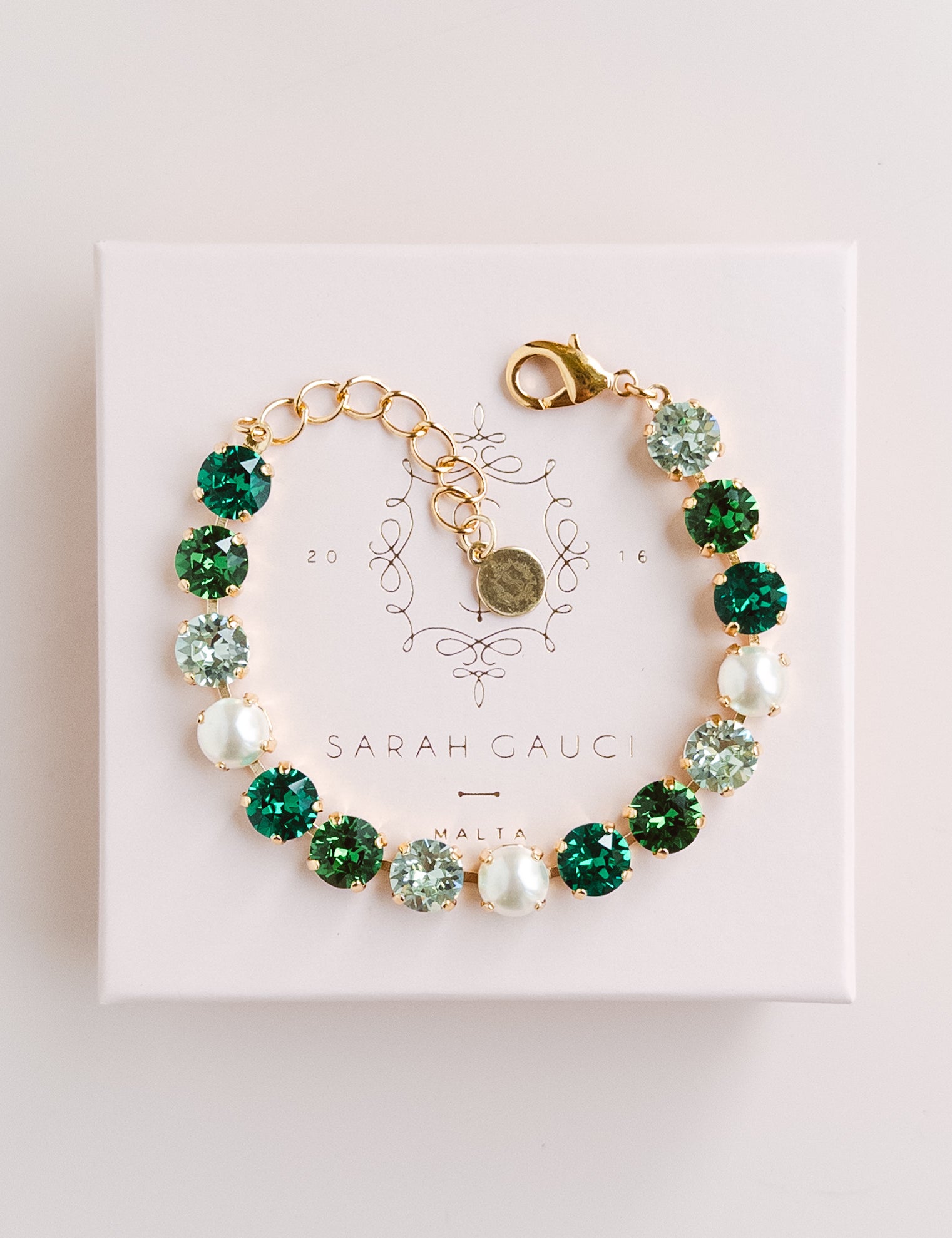Jewelry Malta, Pearl Bracelet, Green Crystal Bracelet, Pearl Jewelry, Gold Plated Jewelry, Emerald inspired bracelet, wicked jewelry, Emerald Bracelet