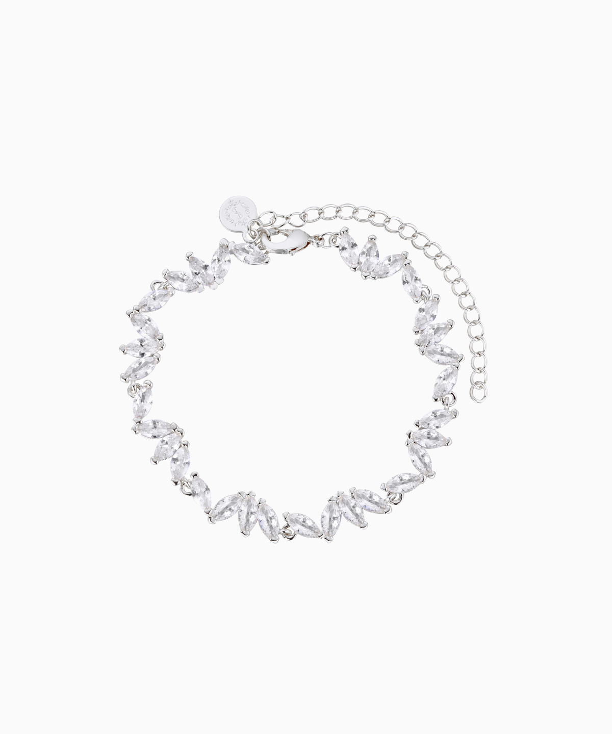 A rhodium-plated gold-colored bracelet featuring a series of leaf-shaped crystals linked together with a chain extender.