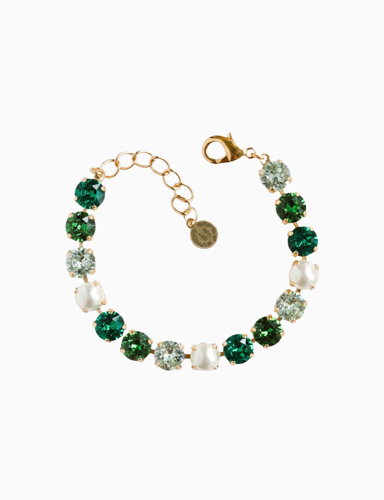 Bracelet with green and clear gemstones on a white background
