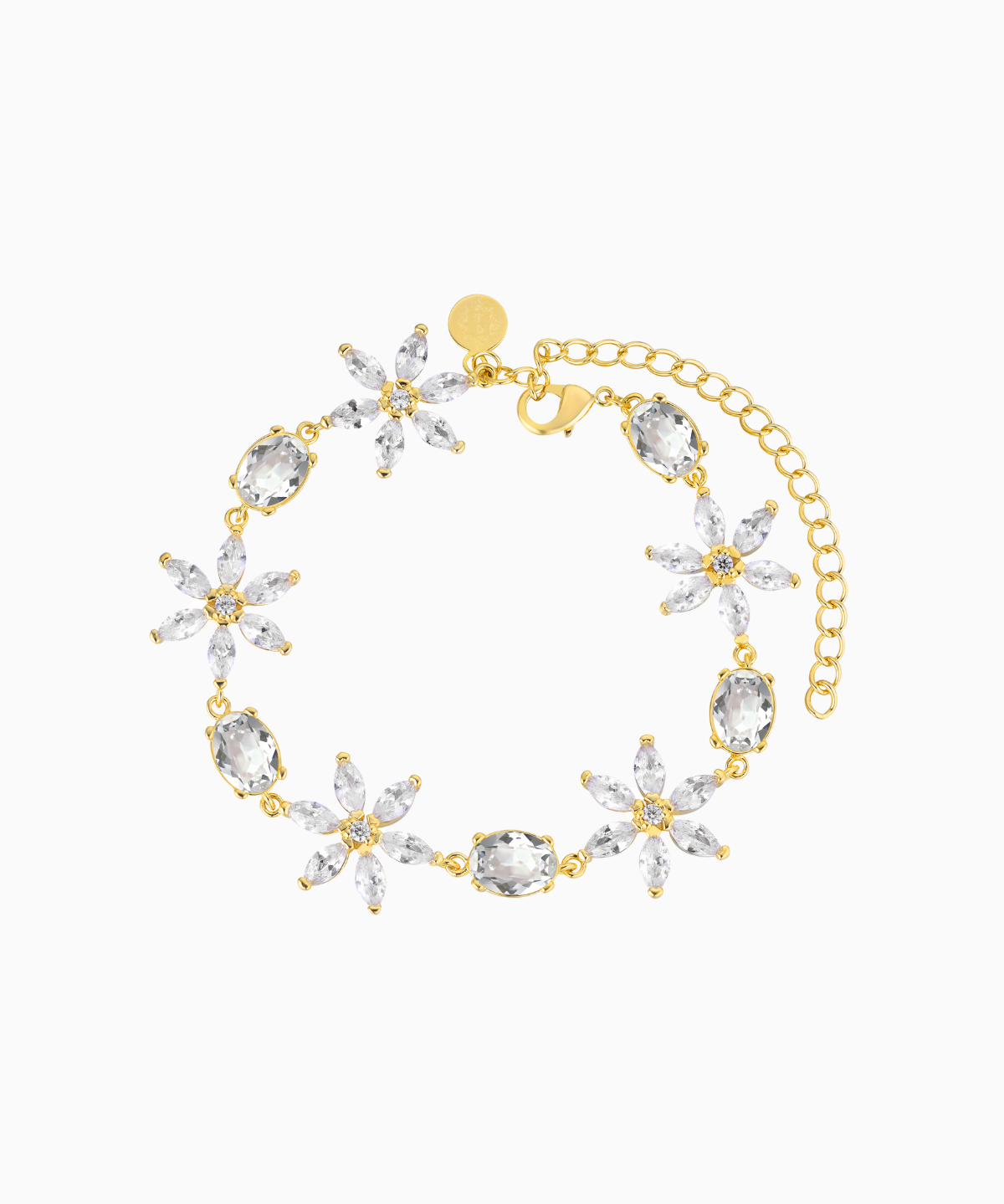 A gold-plated bracelet with crystal daisies and an extender chain.