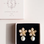 Floral wedding earrings with pearls wedding day jewelry for the bride in gold plating