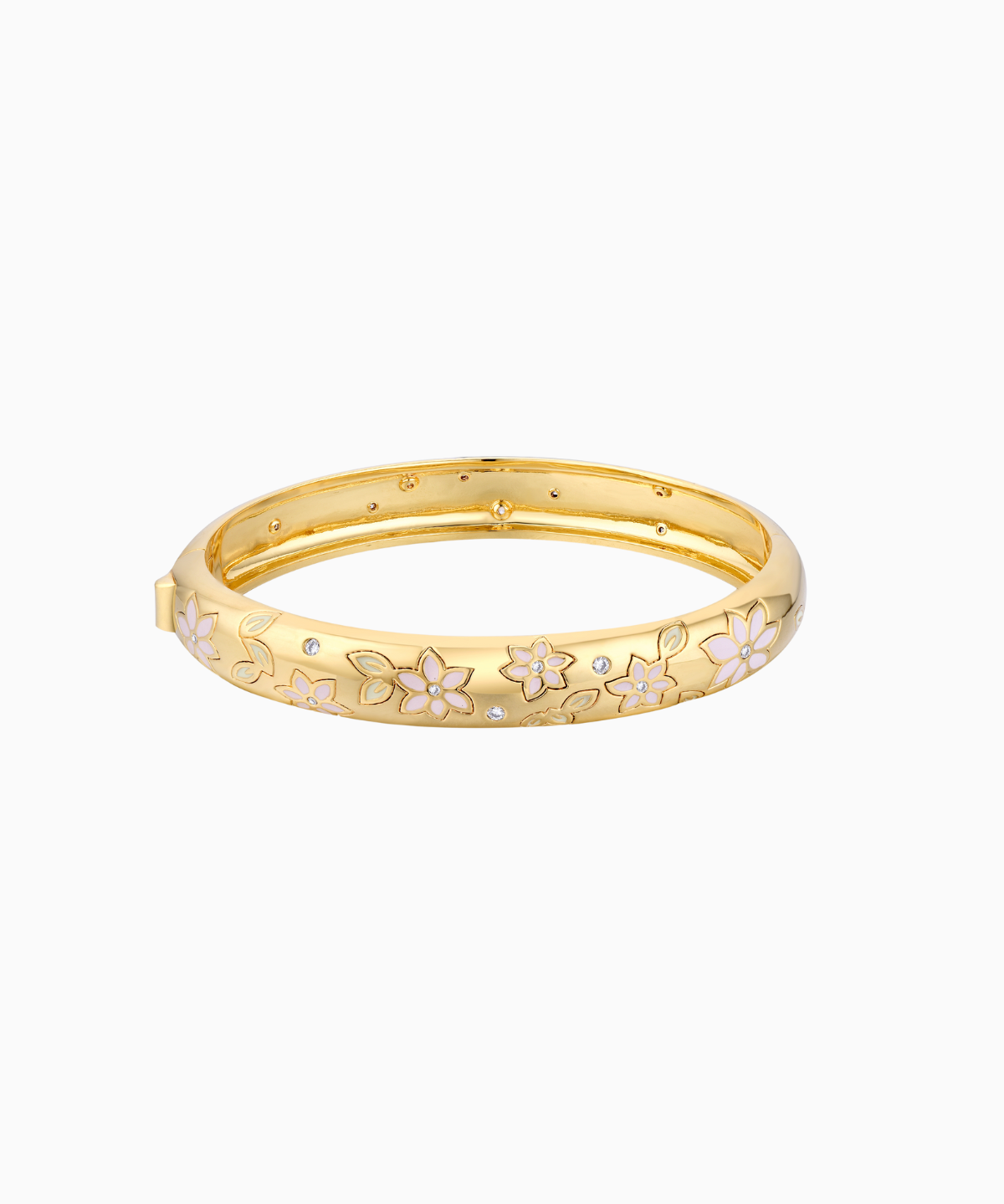 A gold plated bangle bracelet with blush pink and mint hand-painted enamel flowers and embedded Austrian crystals, with a hinged design.