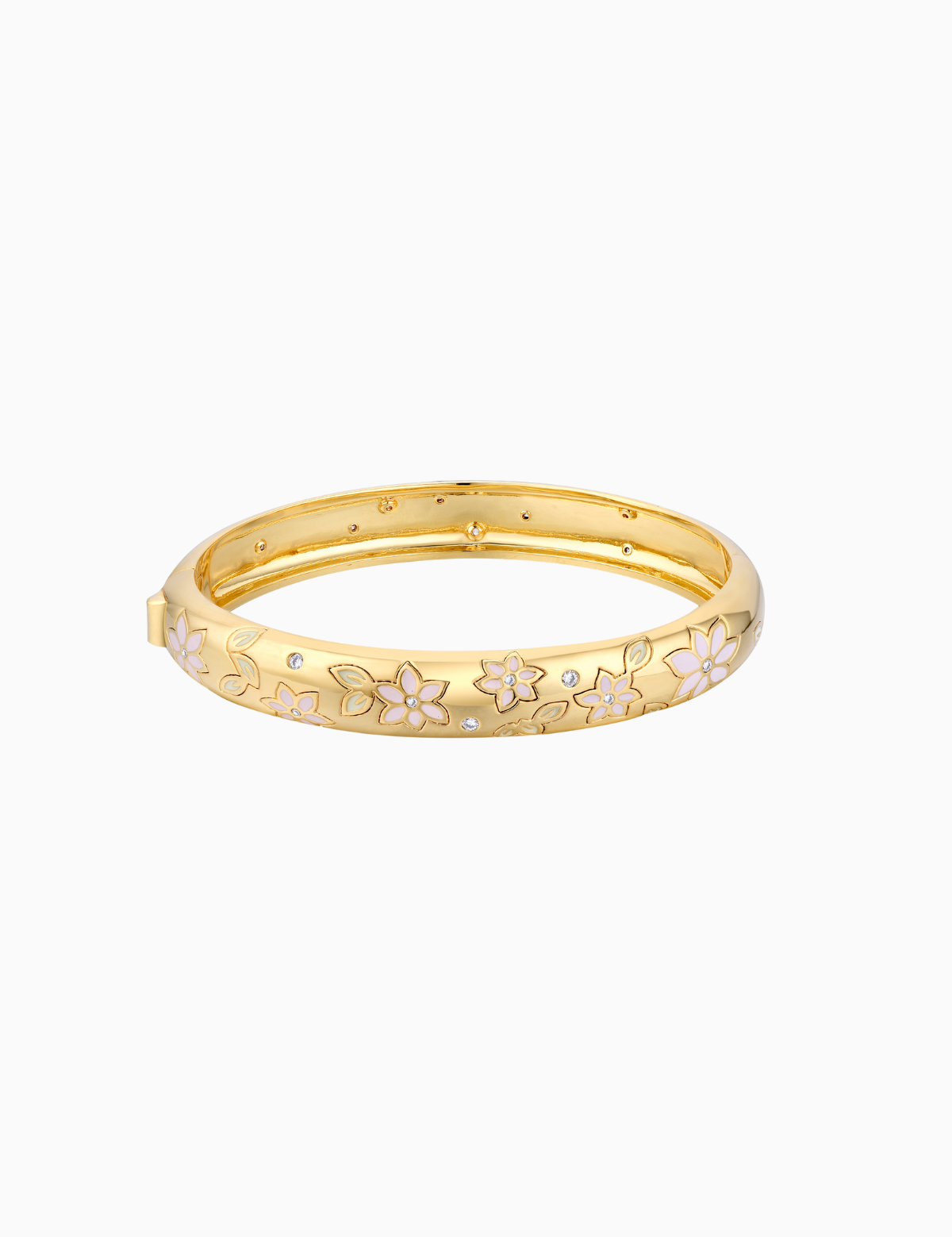 A gold plated bangle bracelet with blush pink and mint hand-painted enamel flowers and embedded Austrian crystals, with a hinged design.