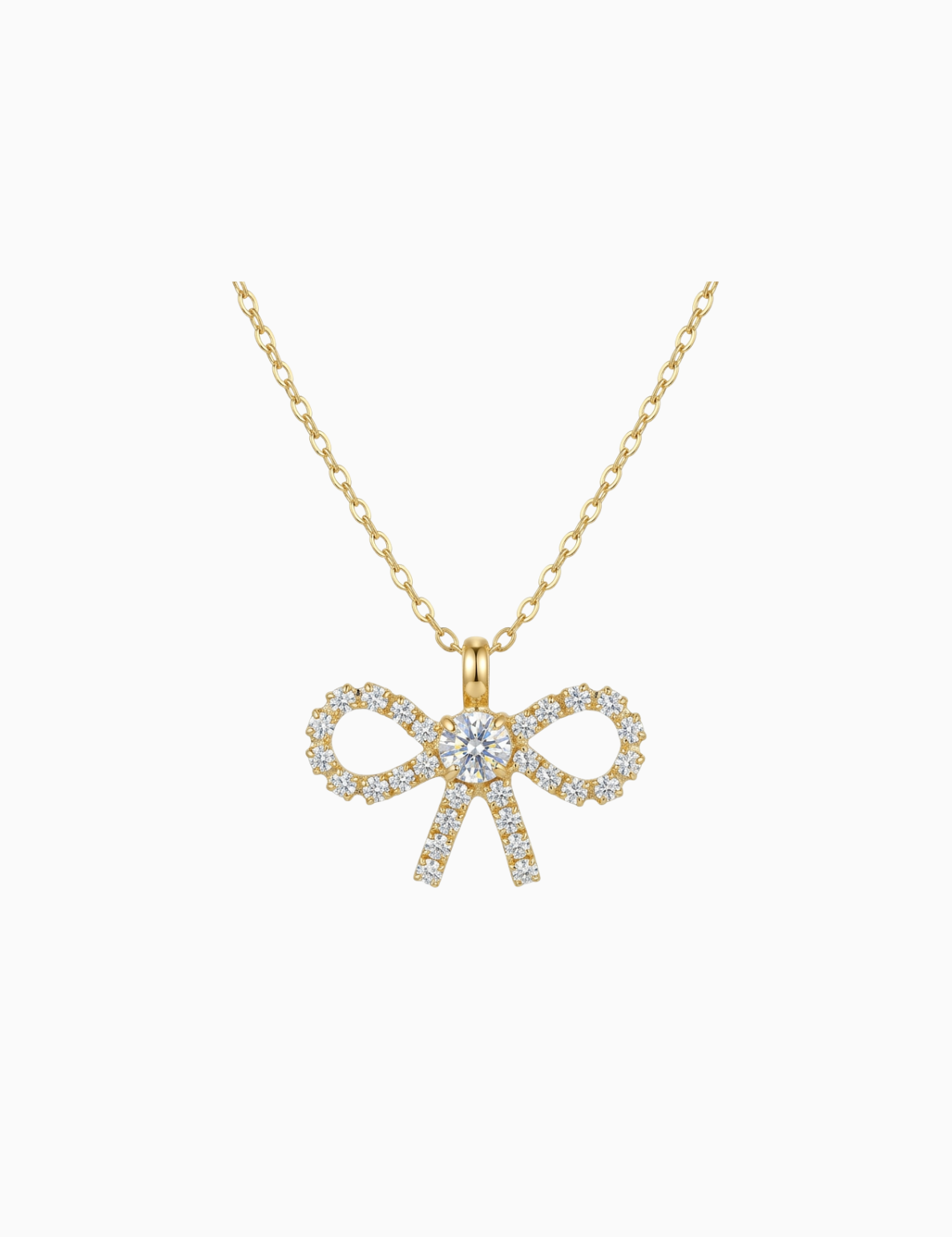 Gold bow-shaped necklace with diamonds on a white background