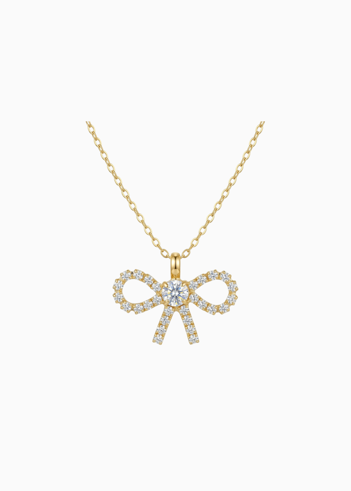 Gold bow-shaped necklace with diamonds on a white background
