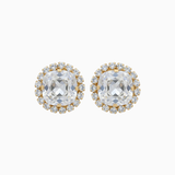 Pair of gold and clear crystal stud earrings on a white background