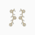 Pair of gold earrings with diamond-like stones on a white background