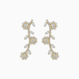 Pair of gold earrings with diamond-like stones on a white background