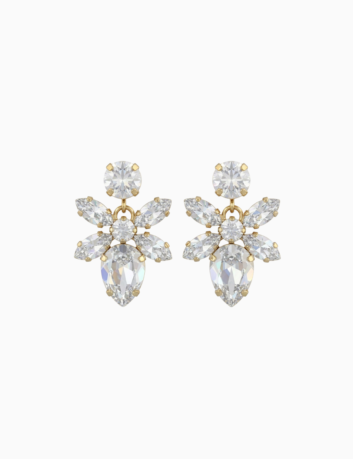 Pair of gold and crystal flower-shaped earrings on a white background
