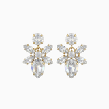 Pair of gold and crystal flower-shaped earrings on a white background