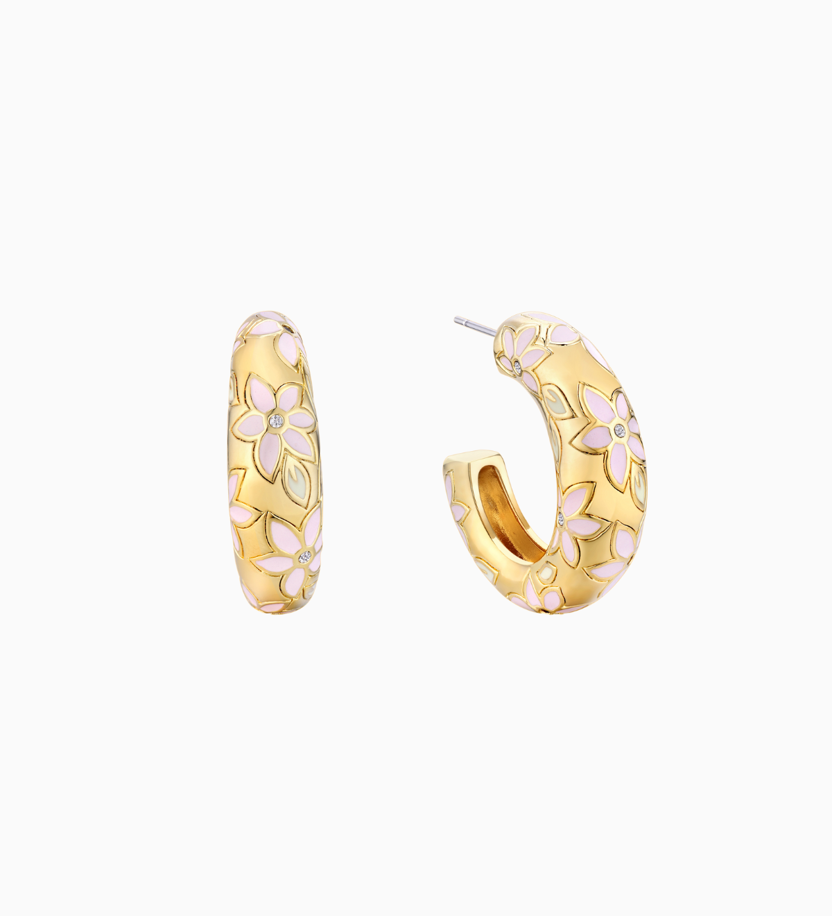 A pair of gold plated hoop earrings with hand-painted pastel enamel floral motifs and delicate crystal accents.