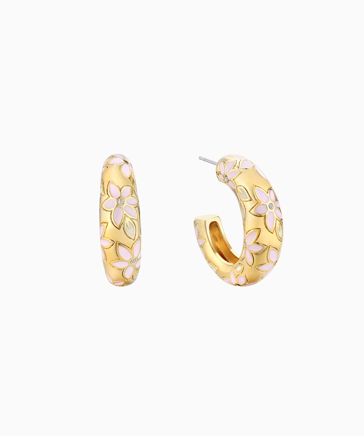A pair of gold plated hoop earrings with hand-painted pastel enamel floral motifs and delicate crystal accents.
