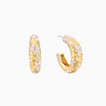 A pair of gold plated hoop earrings with hand-painted pastel enamel floral motifs and delicate crystal accents.